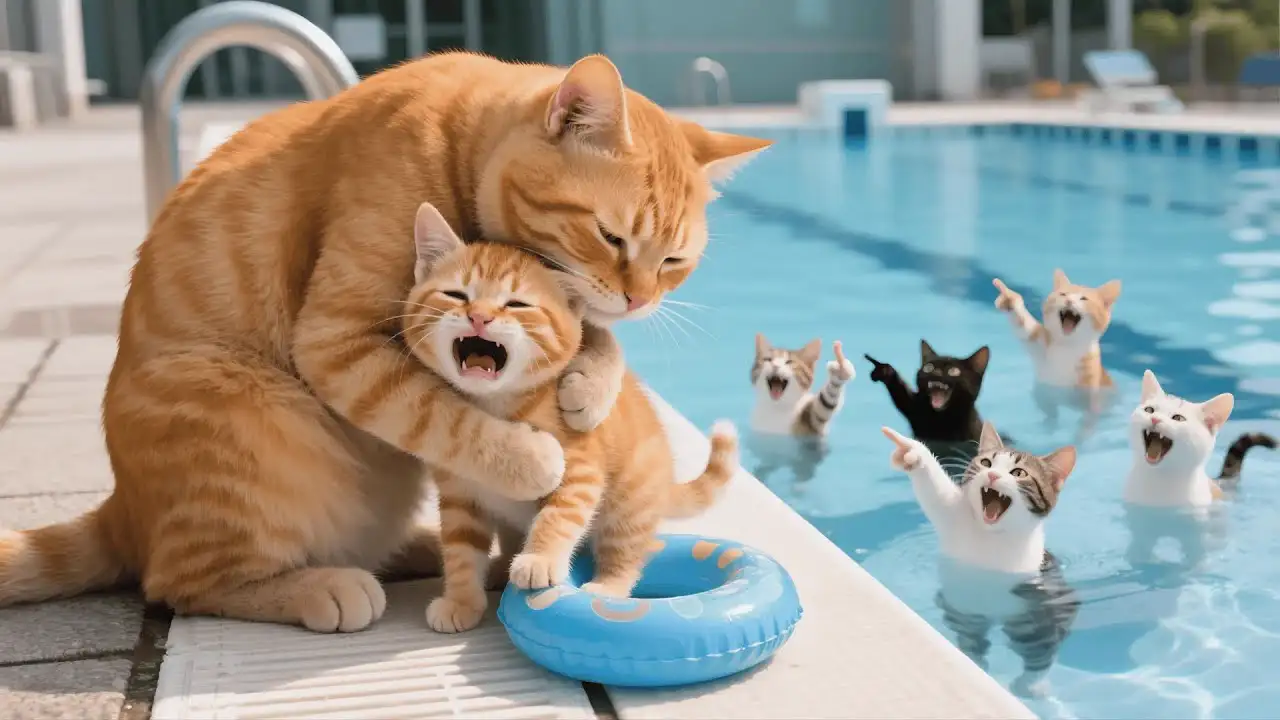 Poor Ginger Kitten Gets Teased for Not Knowing How to Swim, So Mama Cat Sends Her to Swim Class😿